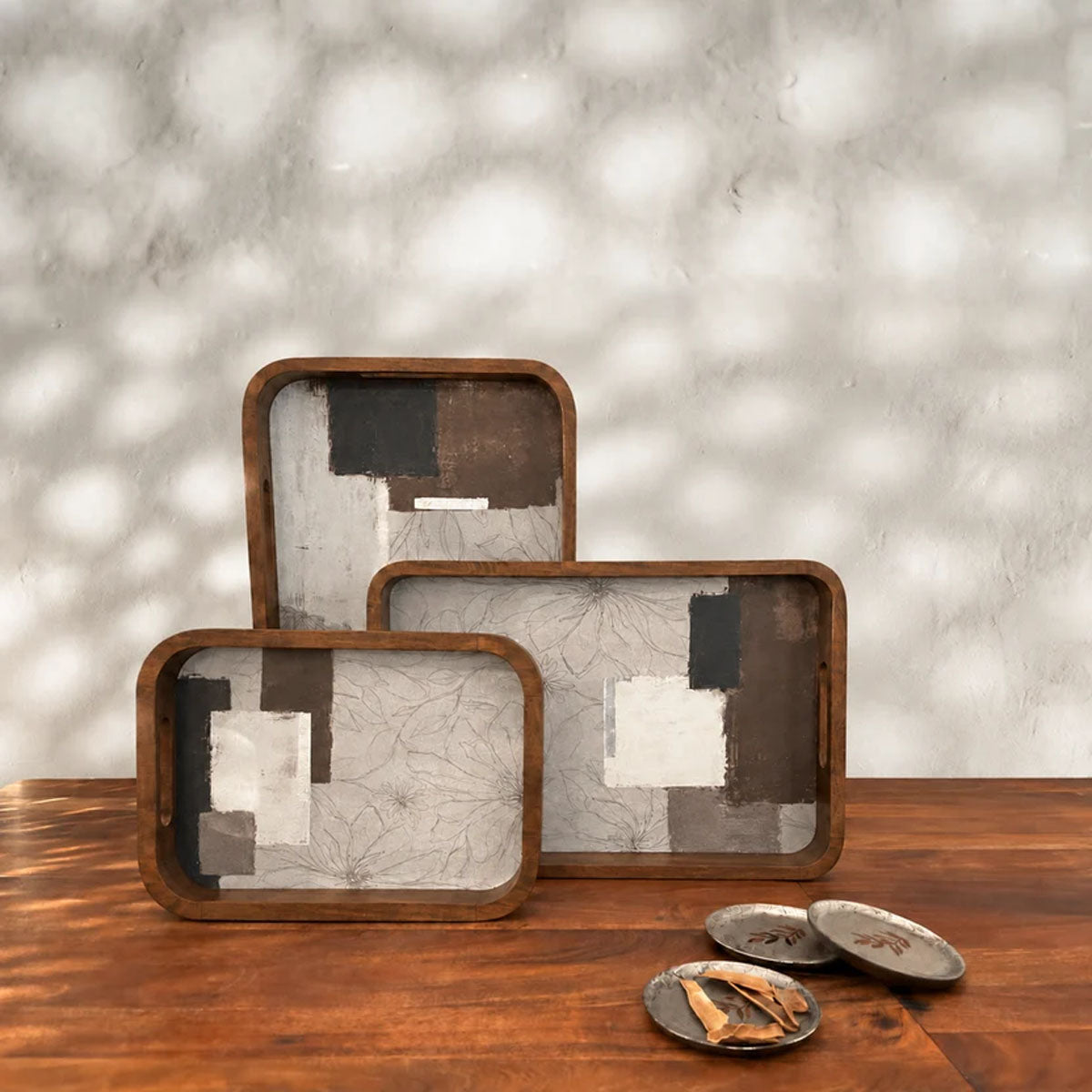 Mehfil Wooden Serving Trays | Natural Wood & White | Set of 3