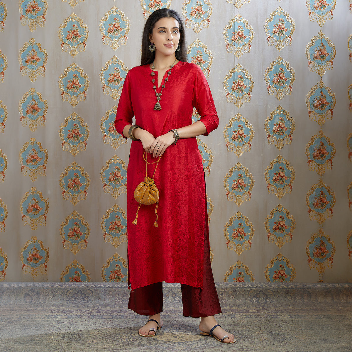 Vibhuti-Red Hand Crushed Silk Straight Kurta & Pants