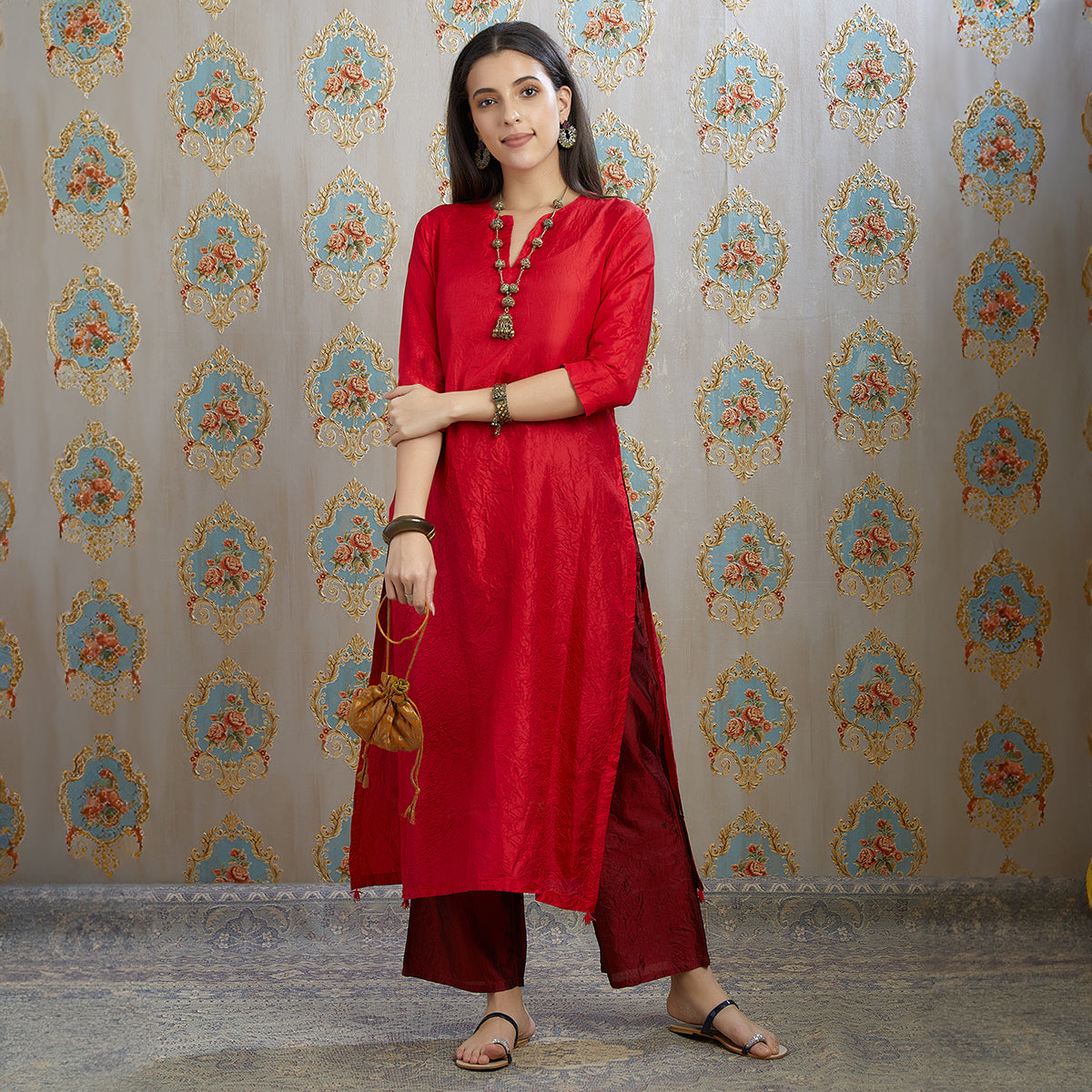 Vibhuti-Red Hand Crushed Silk Straight Kurta & Pants