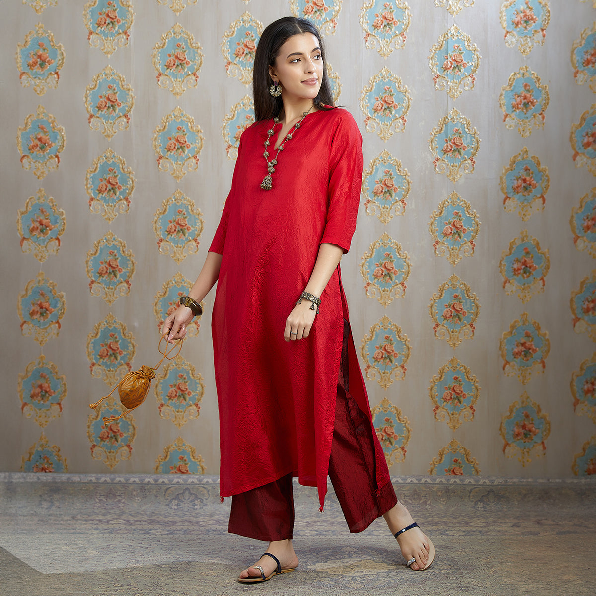 Vibhuti-Red Hand Crushed Silk Straight Kurta & Pants