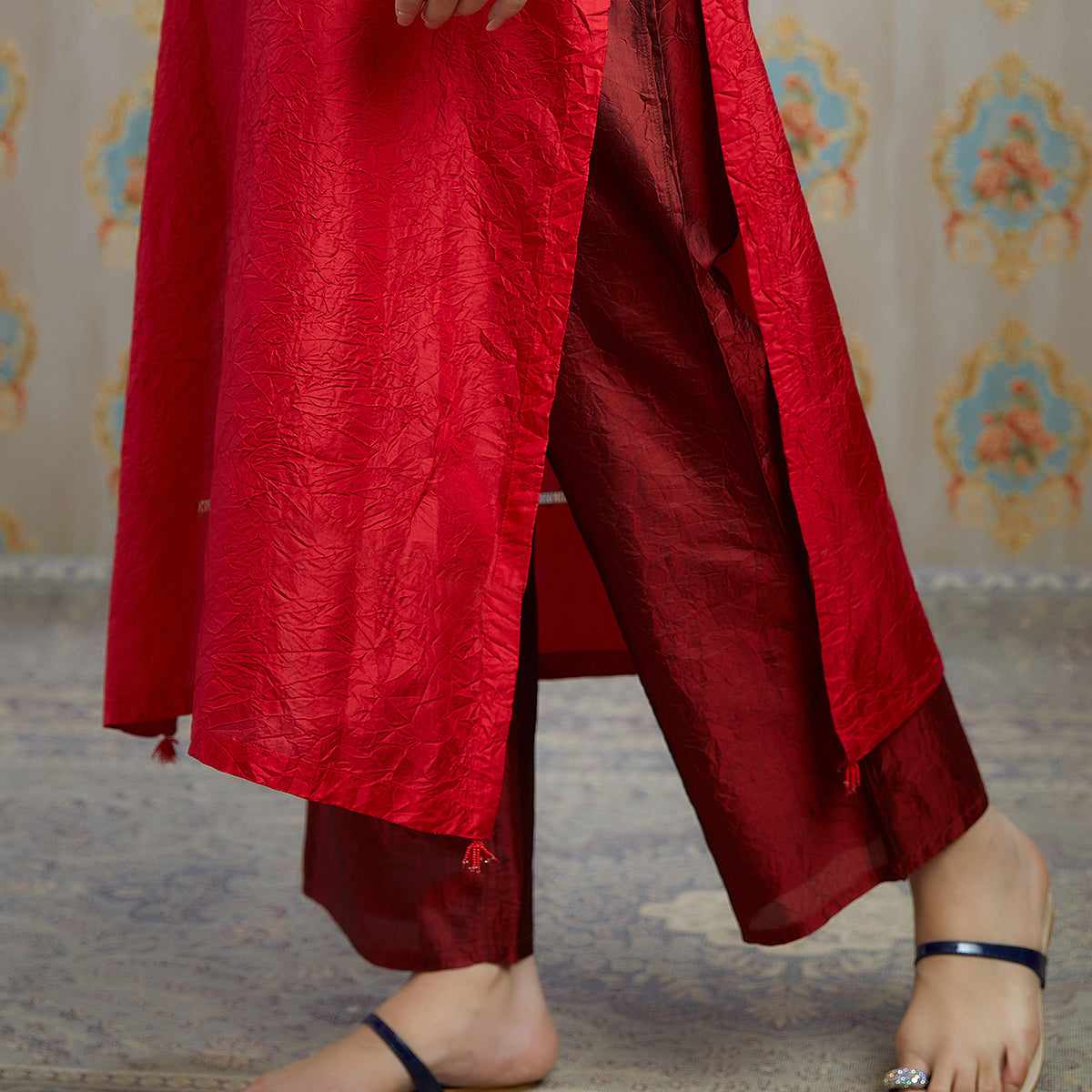 Vibhuti-Red Hand Crushed Silk Straight Kurta & Pants