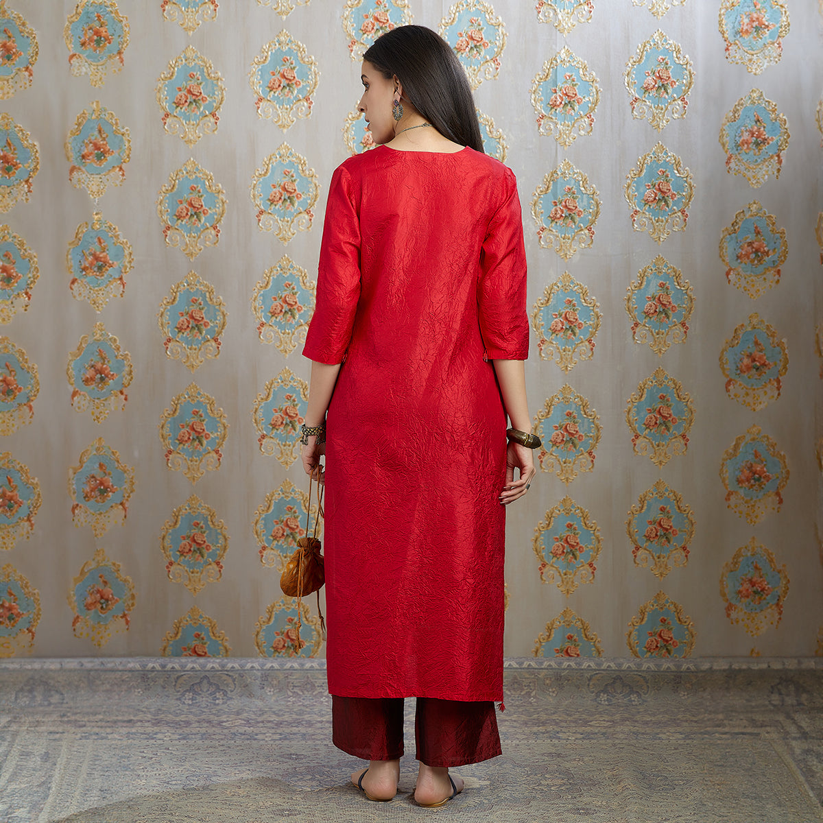 Vibhuti-Red Hand Crushed Silk Straight Kurta & Pants