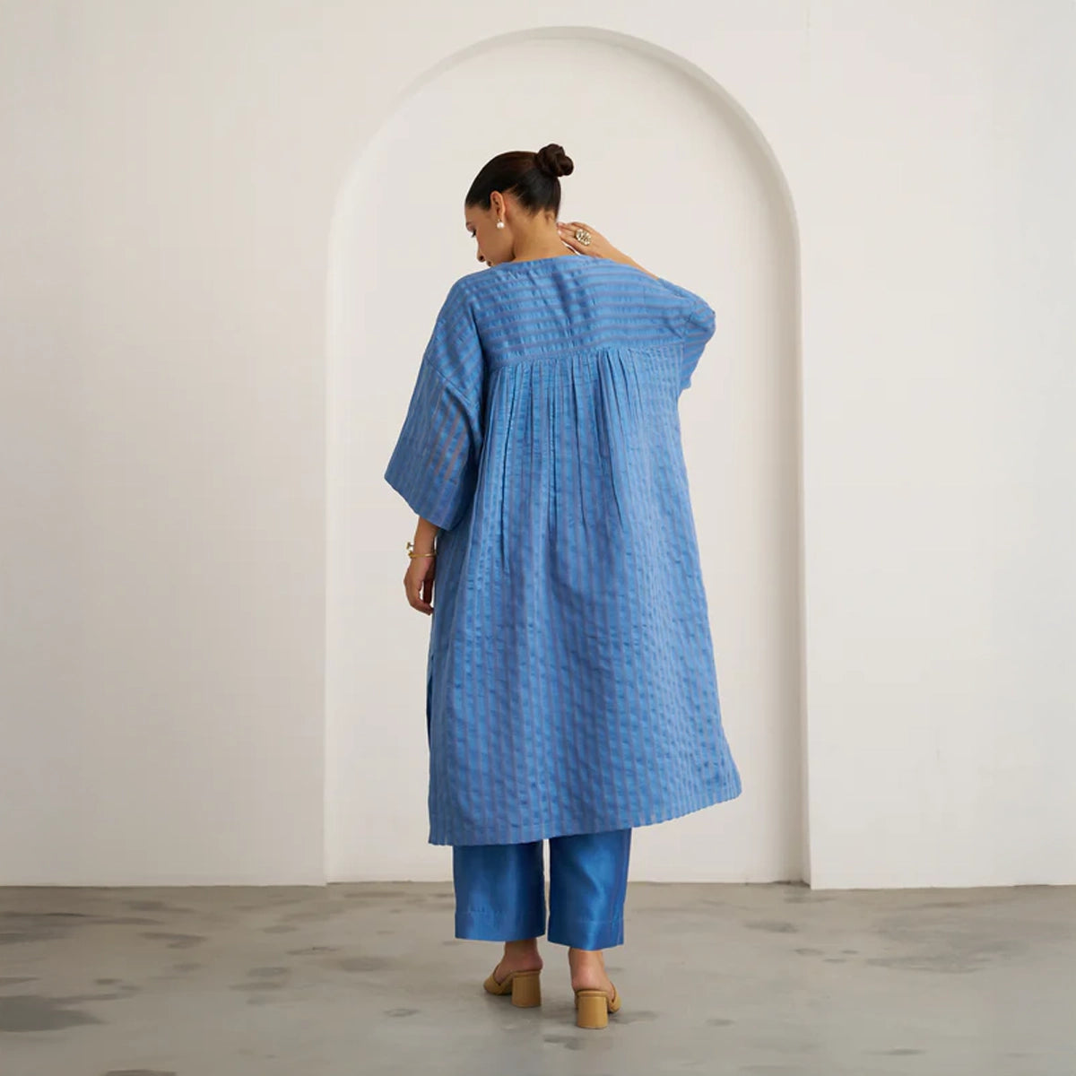 The Ocean Blue Silk Chanderi Kaftan Set with Handwork