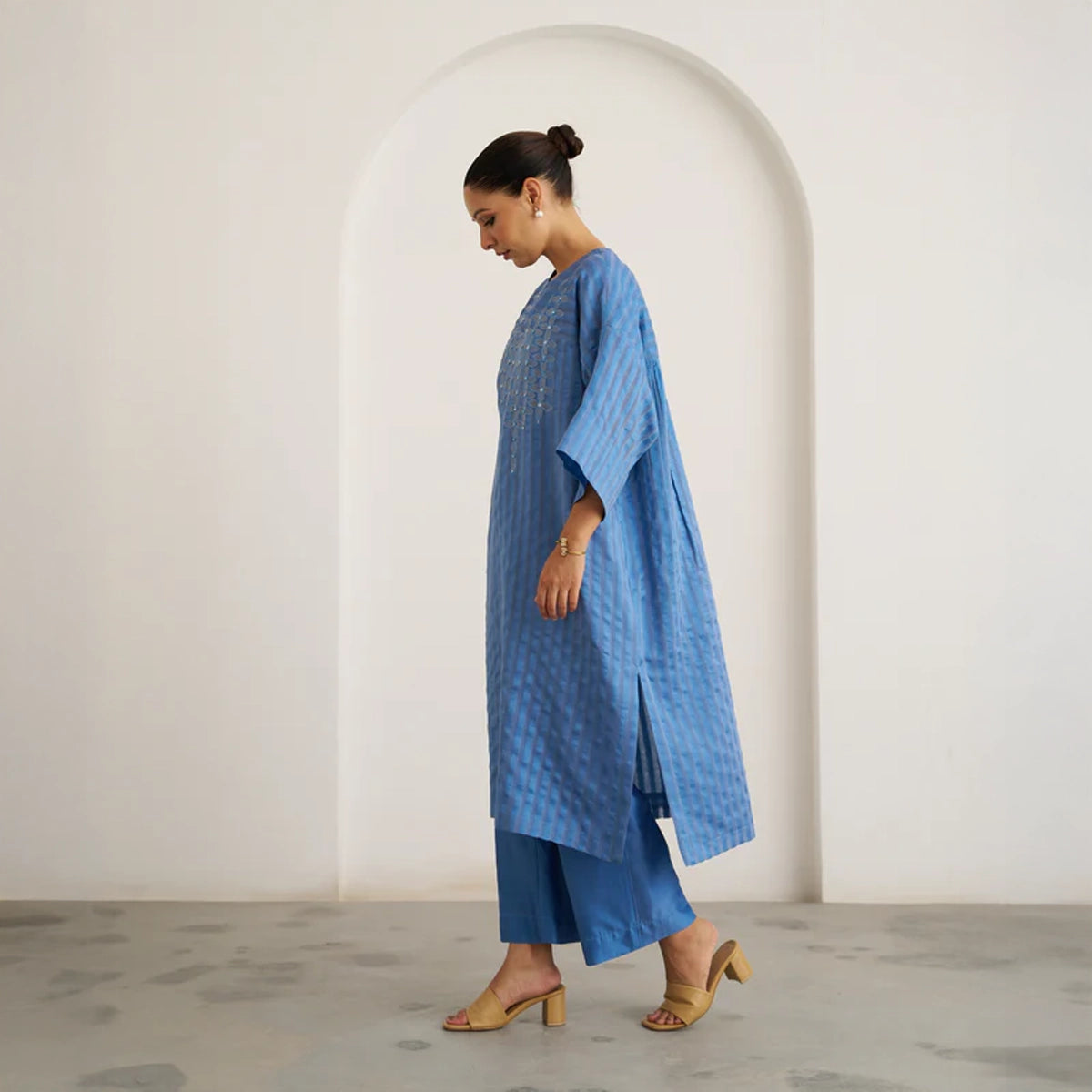 The Ocean Blue Silk Chanderi Kaftan Set with Handwork
