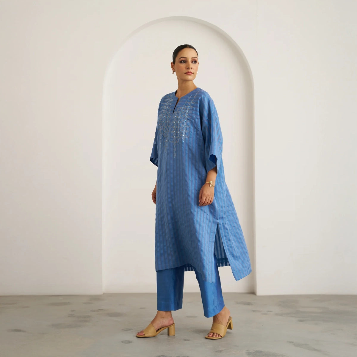 The Ocean Blue Silk Chanderi Kaftan Set with Handwork