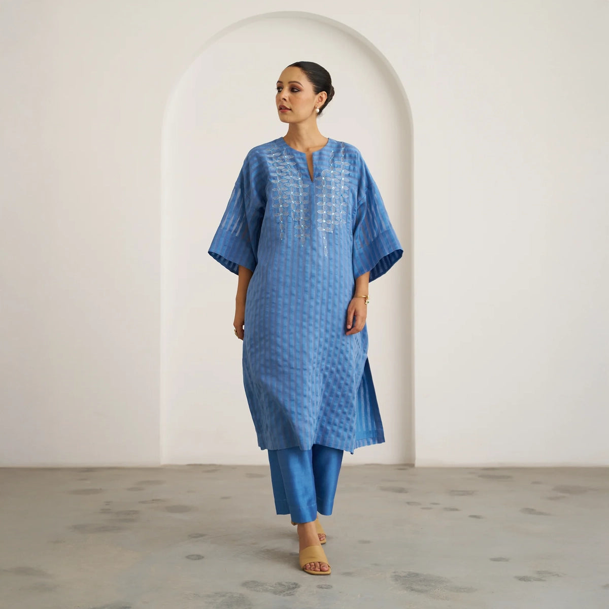The Ocean Blue Silk Chanderi Kaftan Set with Handwork