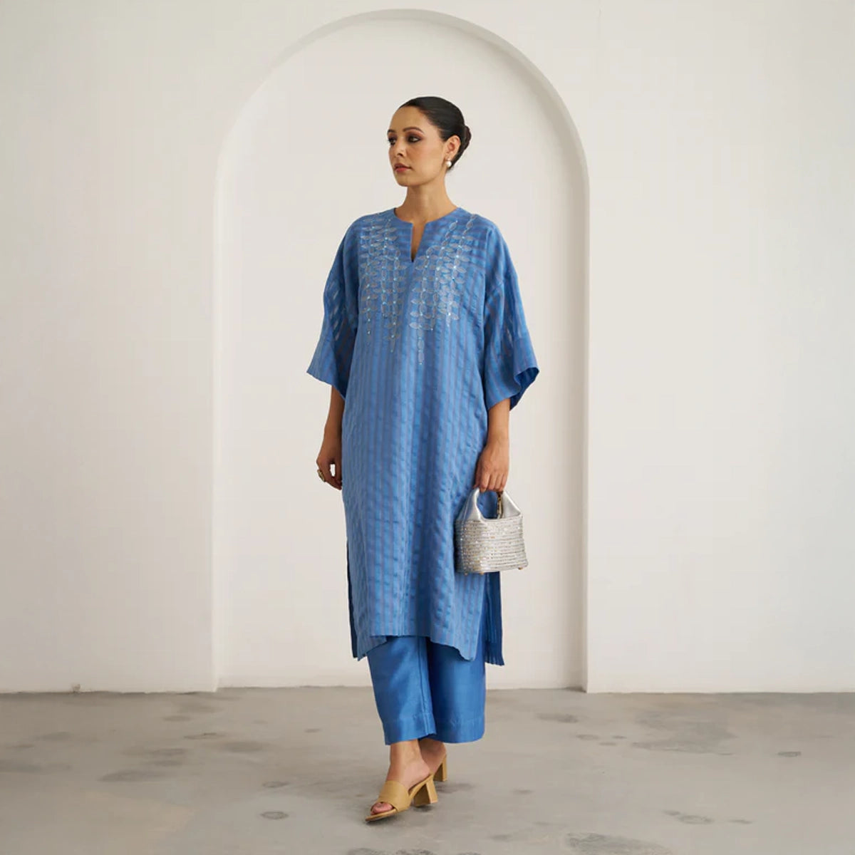 The Ocean Blue Silk Chanderi Kaftan Set with Handwork