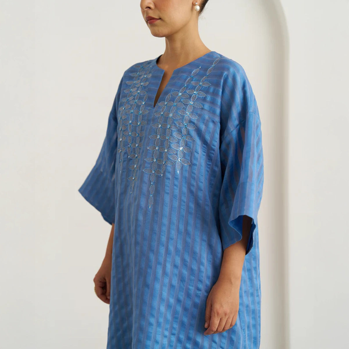 The Ocean Blue Silk Chanderi Kaftan Set with Handwork