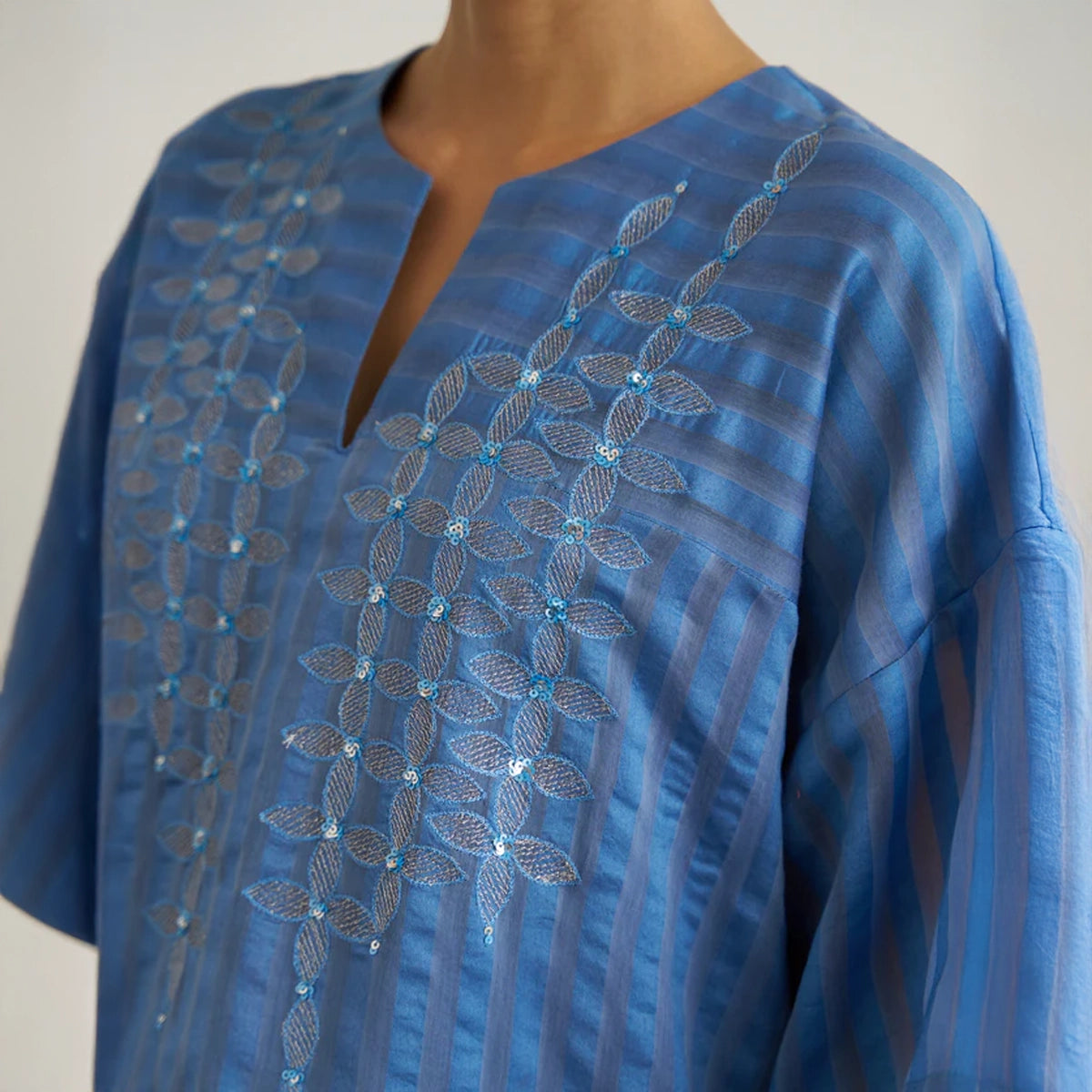 The Ocean Blue Silk Chanderi Kaftan Set with Handwork