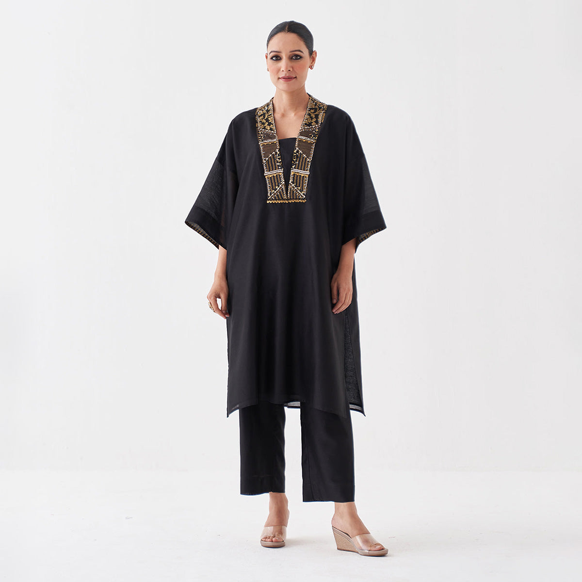 Handwoven Silk Chanderi Ensemble With Woven Banarasi & Handwork | Black
