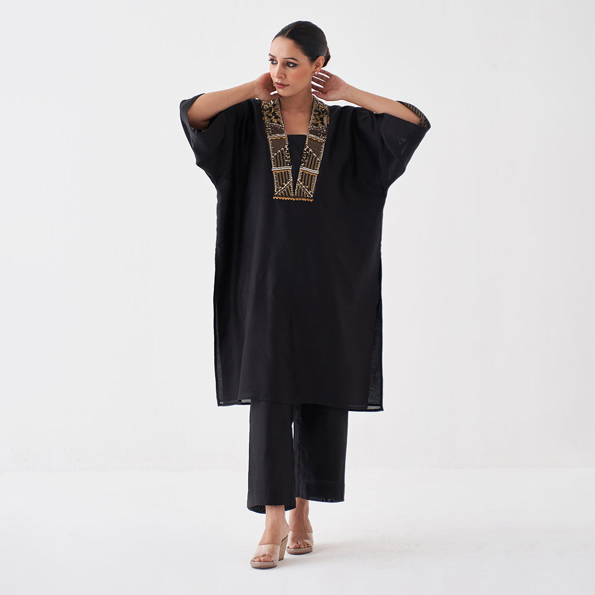 Handwoven Silk Chanderi Ensemble With Woven Banarasi & Handwork | Black