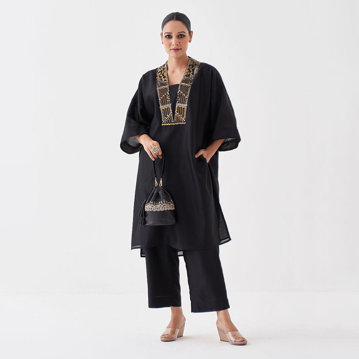 Handwoven Silk Chanderi Ensemble With Woven Banarasi & Handwork | Black