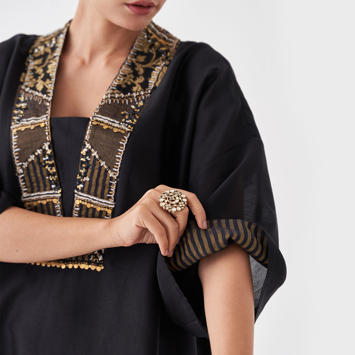 Handwoven Silk Chanderi Ensemble With Woven Banarasi & Handwork | Black