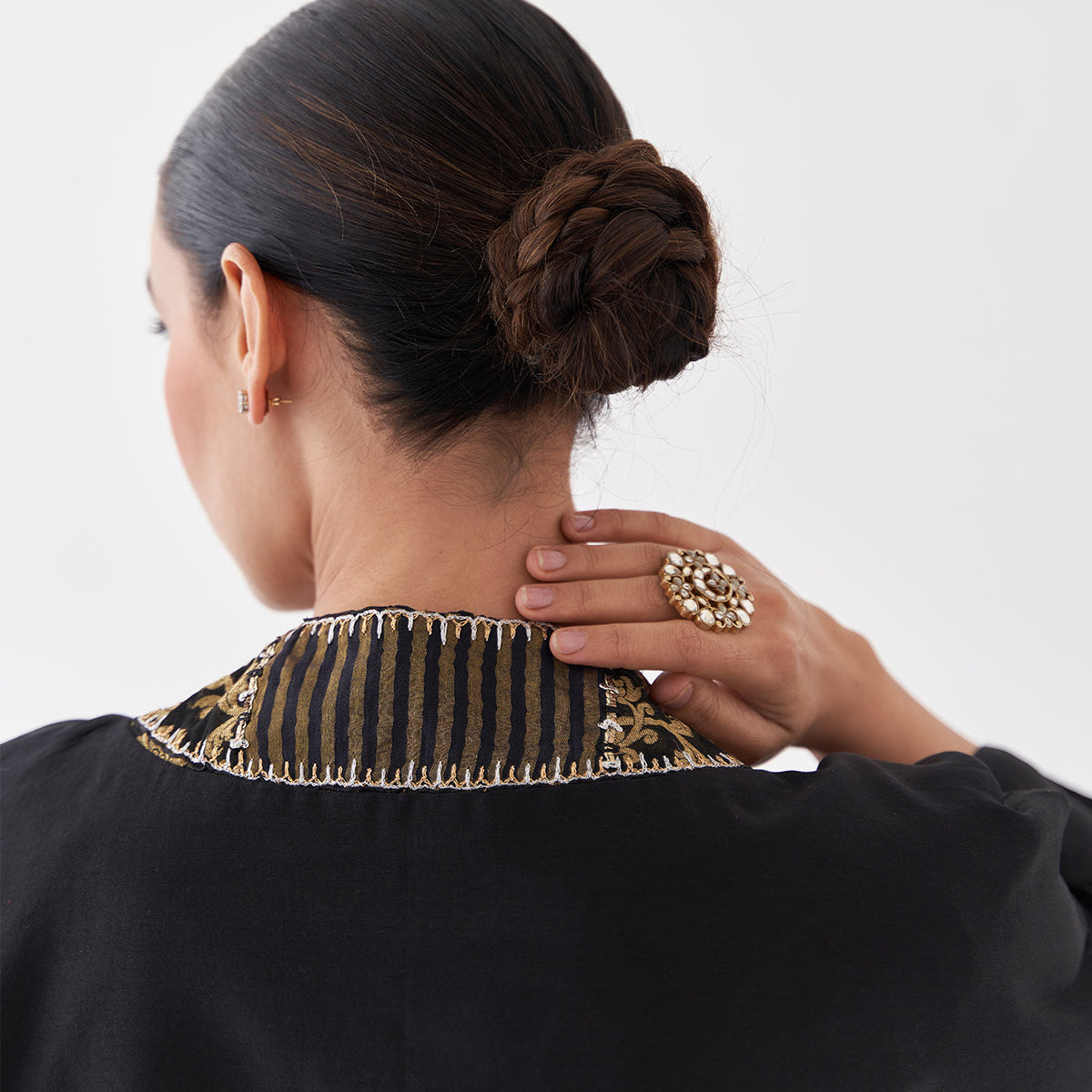 Handwoven Silk Chanderi Ensemble With Woven Banarasi & Handwork | Black