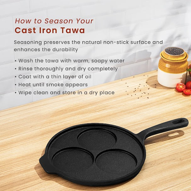 Cast Iron Uttapam Tawa with Wooden Ladle | Pre-seasoned | 10 Inches