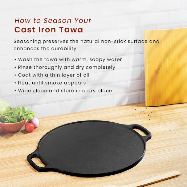 Cast Iron Dosa Tawa with Wooden Ladle | Pre-seasoned | 12 Inches