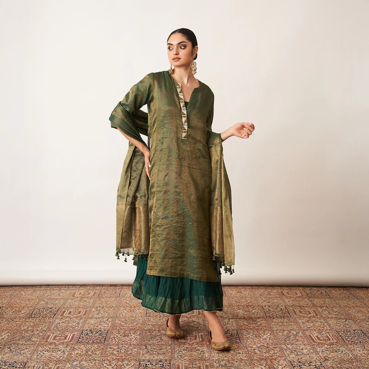 The Bottle Green Silk Tissue Chanderi Kalidaar Ensemble