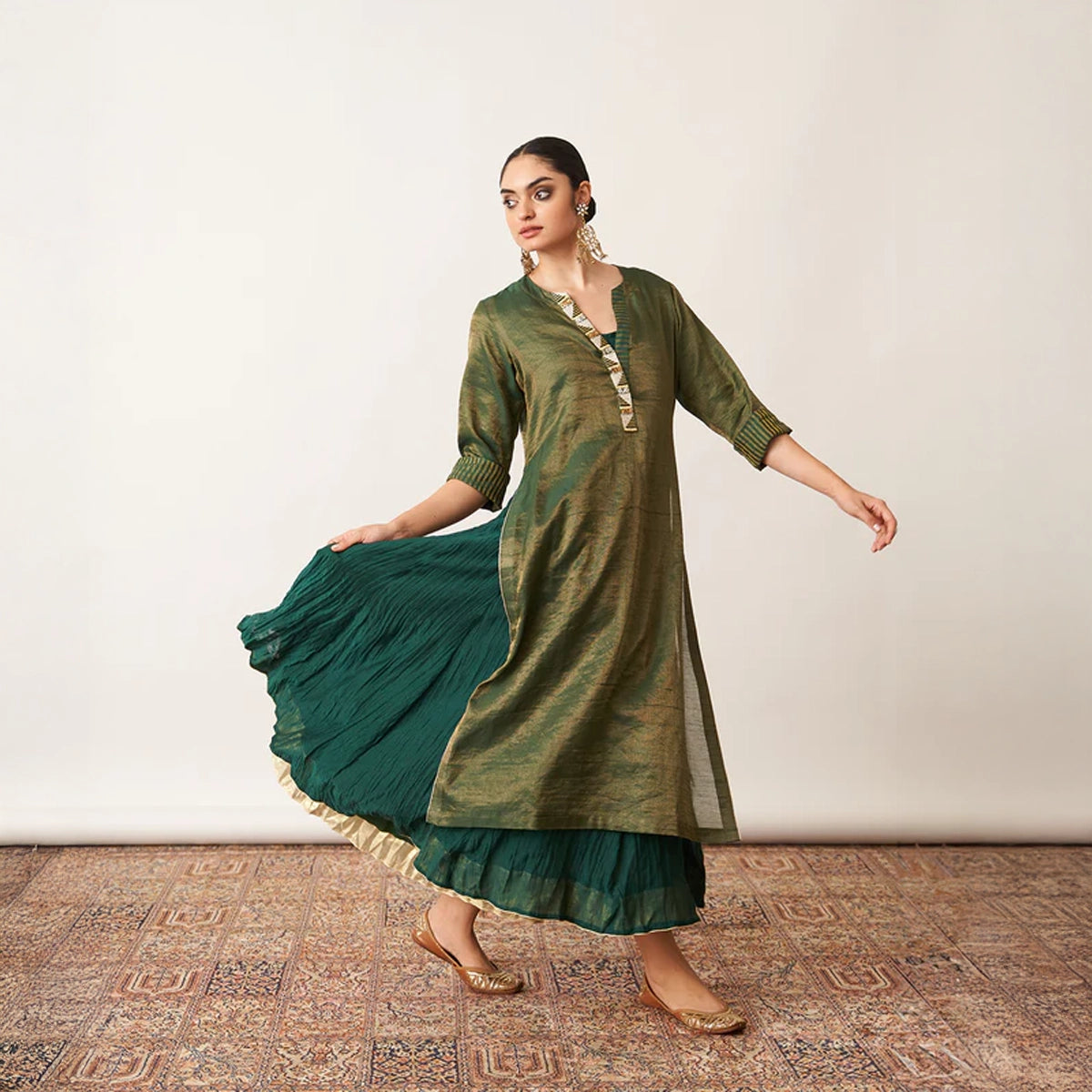 The Bottle Green Silk Tissue Chanderi Kalidaar Ensemble