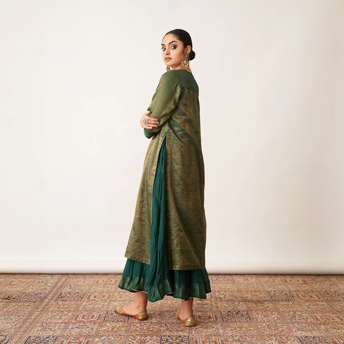 The Bottle Green Silk Tissue Chanderi Kalidaar Ensemble