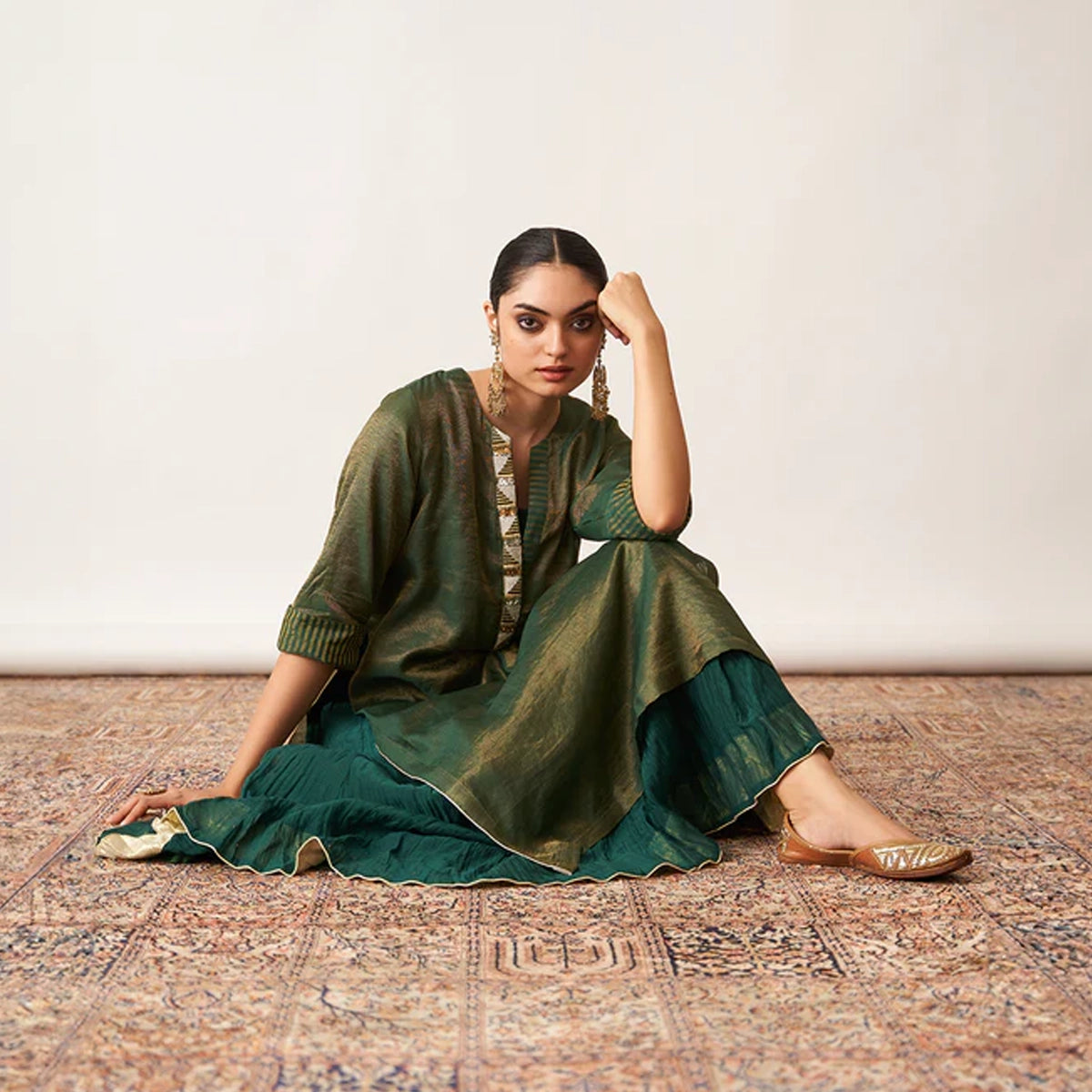 The Bottle Green Silk Tissue Chanderi Kalidaar Ensemble