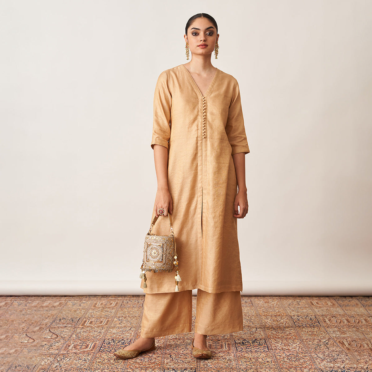 Pure Silk Tissue Chanderi Kurta & Pant Set | Gold