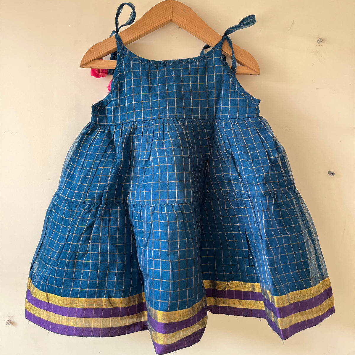 Aparajita Blue Gold Checks Infant Tiered Festive Dress