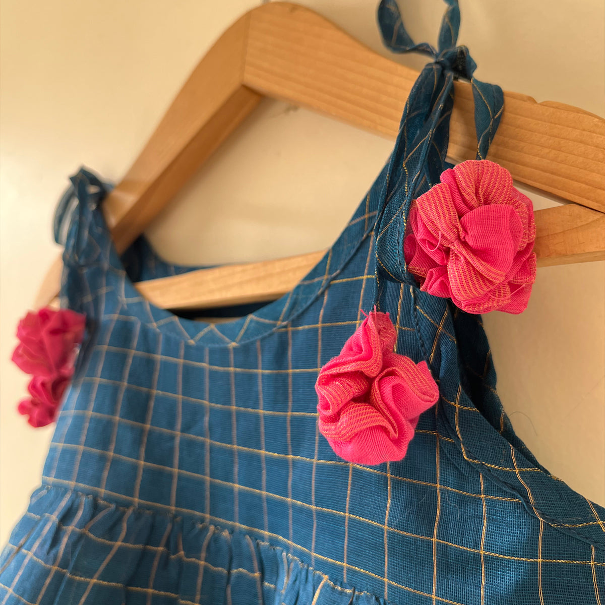 Aparajita Blue Gold Checks Infant Tiered Festive Dress