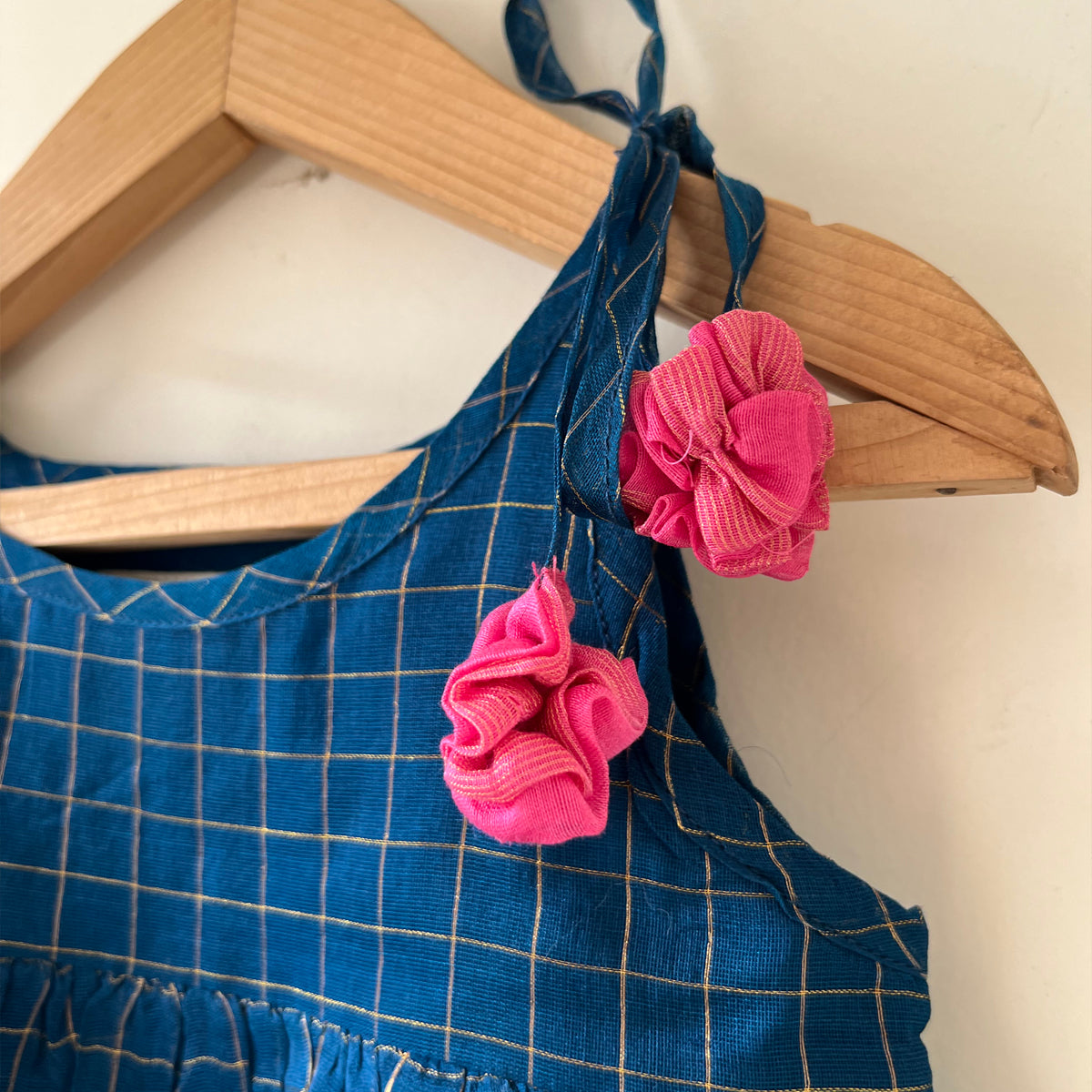 Aparajita Blue Gold Checks Infant Tiered Festive Dress