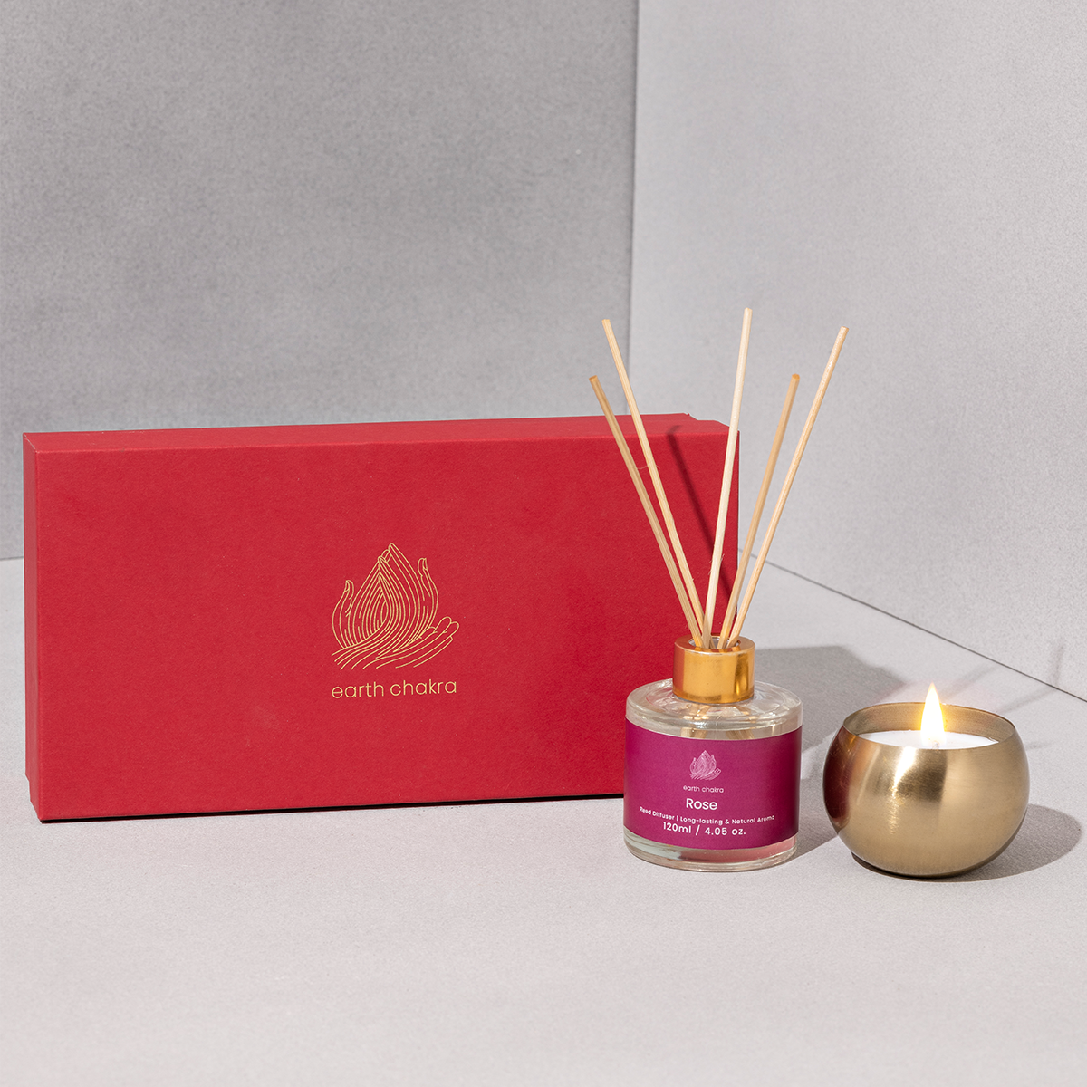 Rose Reed Diffuser & Brass Candle | Set of 2 | Aromatherapy Gift Box | Gift Hamper