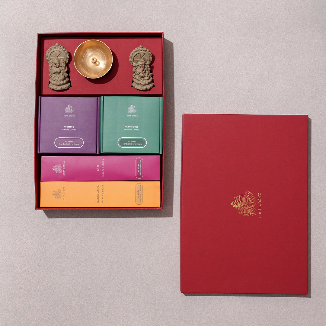 Gift Set | Pooja Set | 6 Pieces | Incense, Brass Diya & Plantable Idols