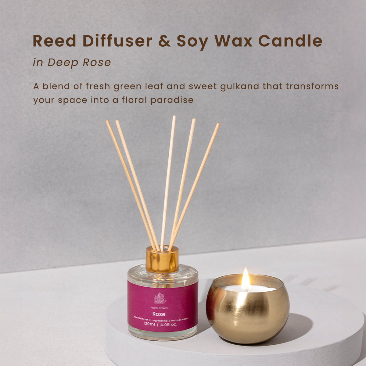 Rose Reed Diffuser & Brass Candle | Set of 2 | Aromatherapy Gift Box | Gift Hamper