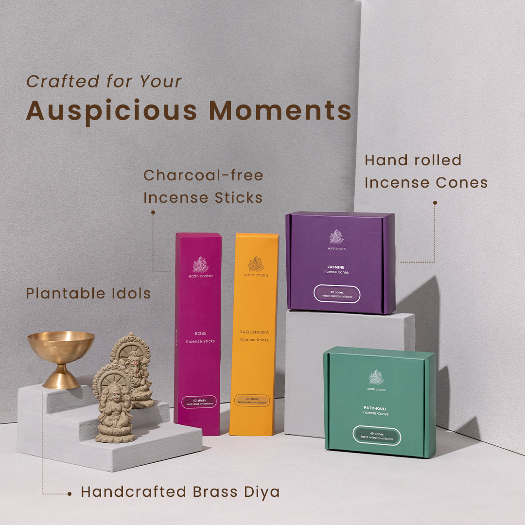 Gift Set | Pooja Set | 6 Pieces | Incense, Brass Diya & Plantable Idols