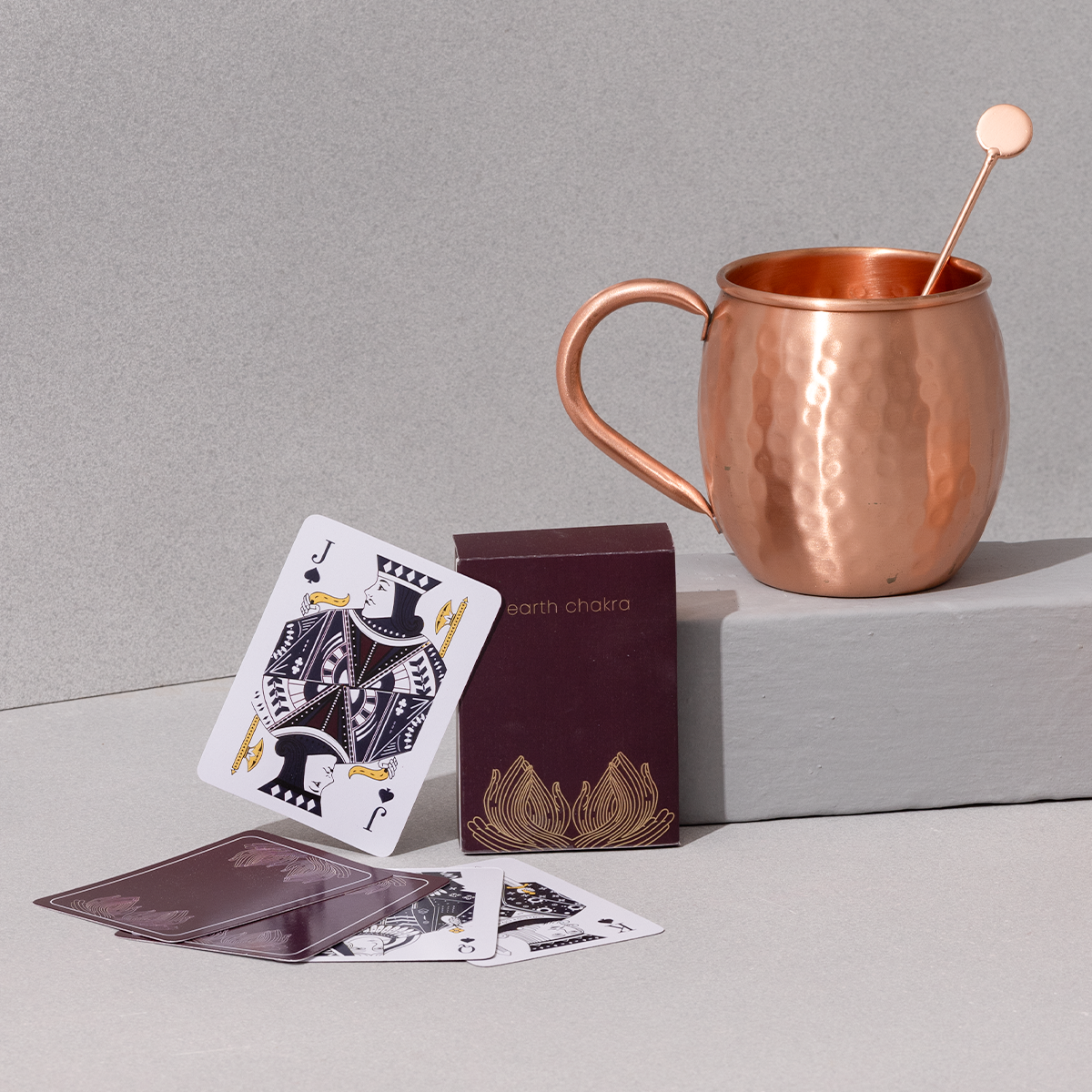 Copper Mugs with Stirrers and Playing Cards | Game Night Combo | Gift Hamper