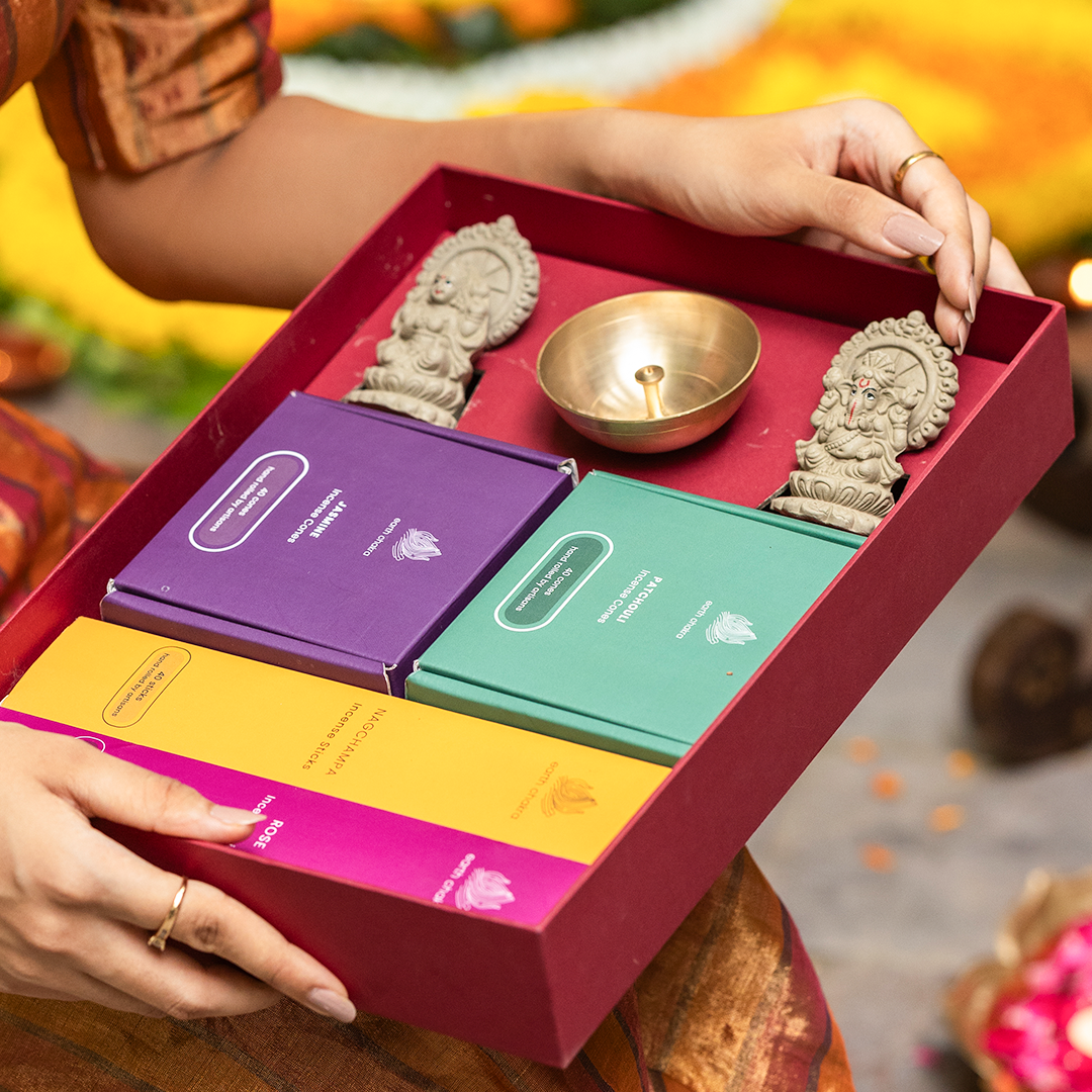 Gift Set | Pooja Set | 6 Pieces | Incense, Brass Diya & Plantable Idols