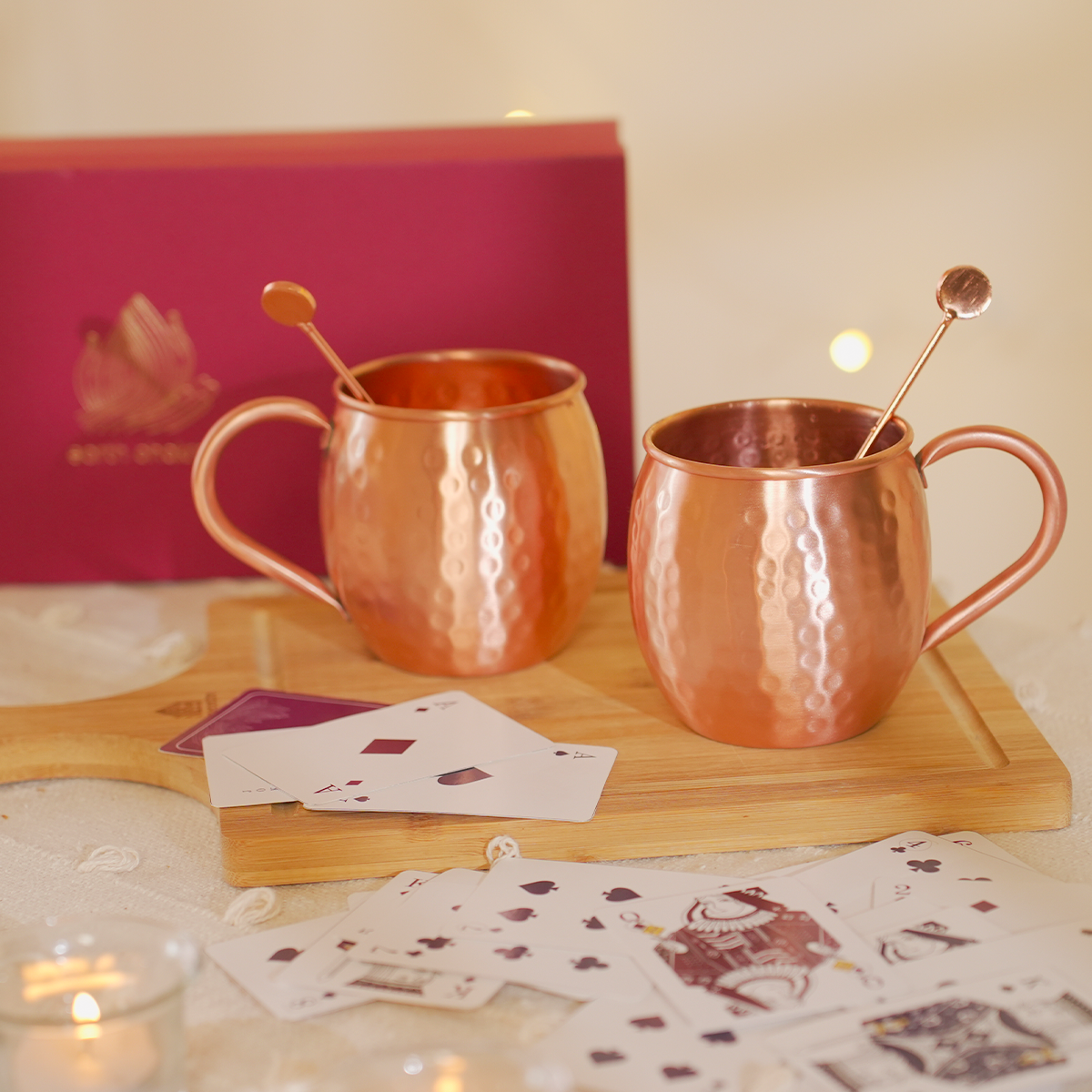 Copper Mugs with Stirrers and Playing Cards | Game Night Combo | Gift Hamper
