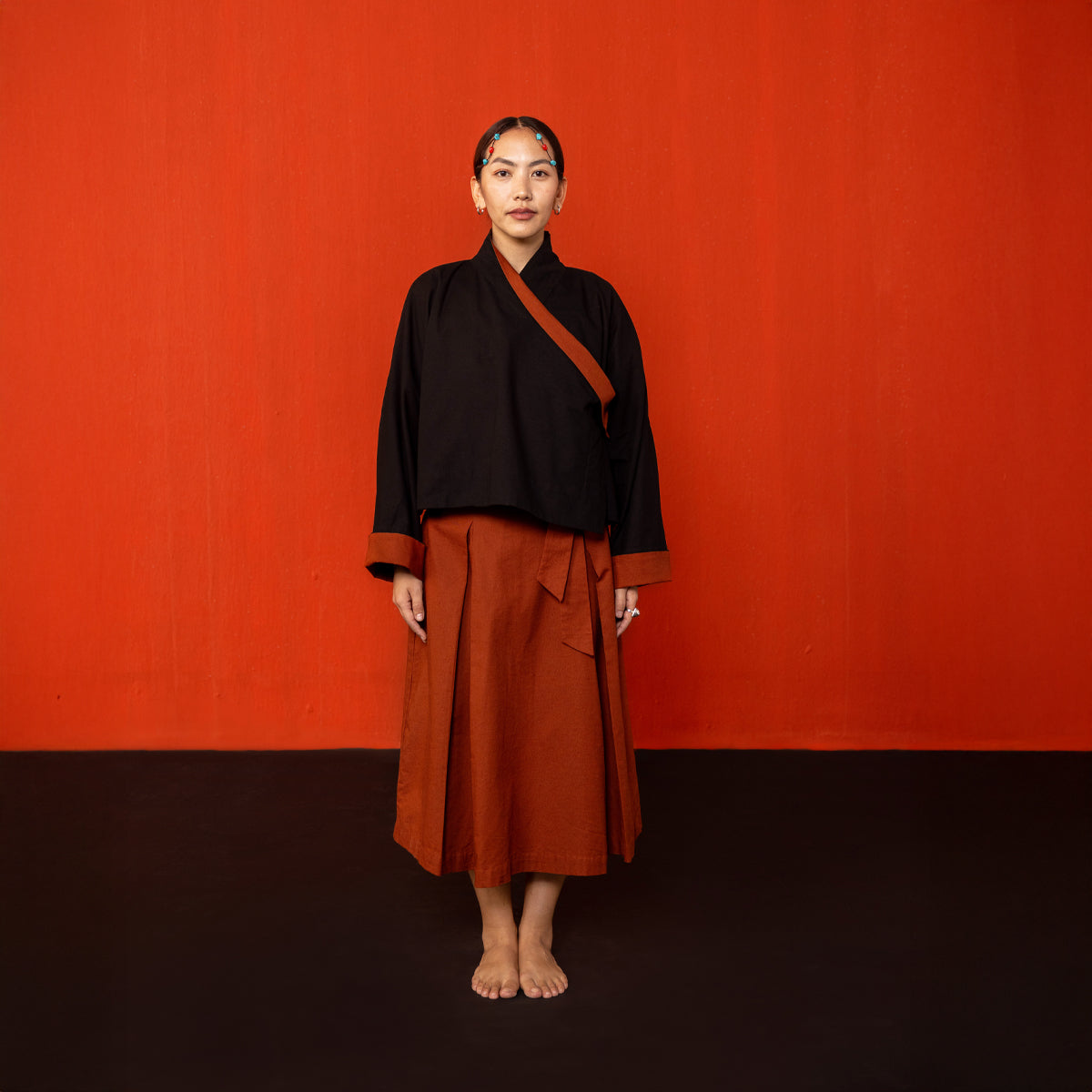 Brick Red Cotton Padma Pleated Chuba Skirt