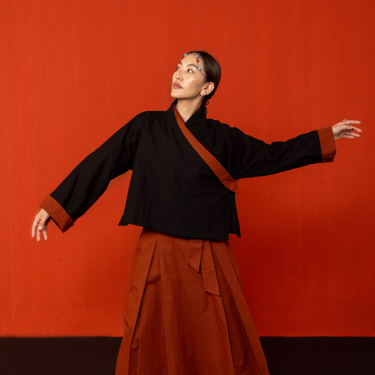 Black/Brick Red Reywa Tibetan Wrap Top