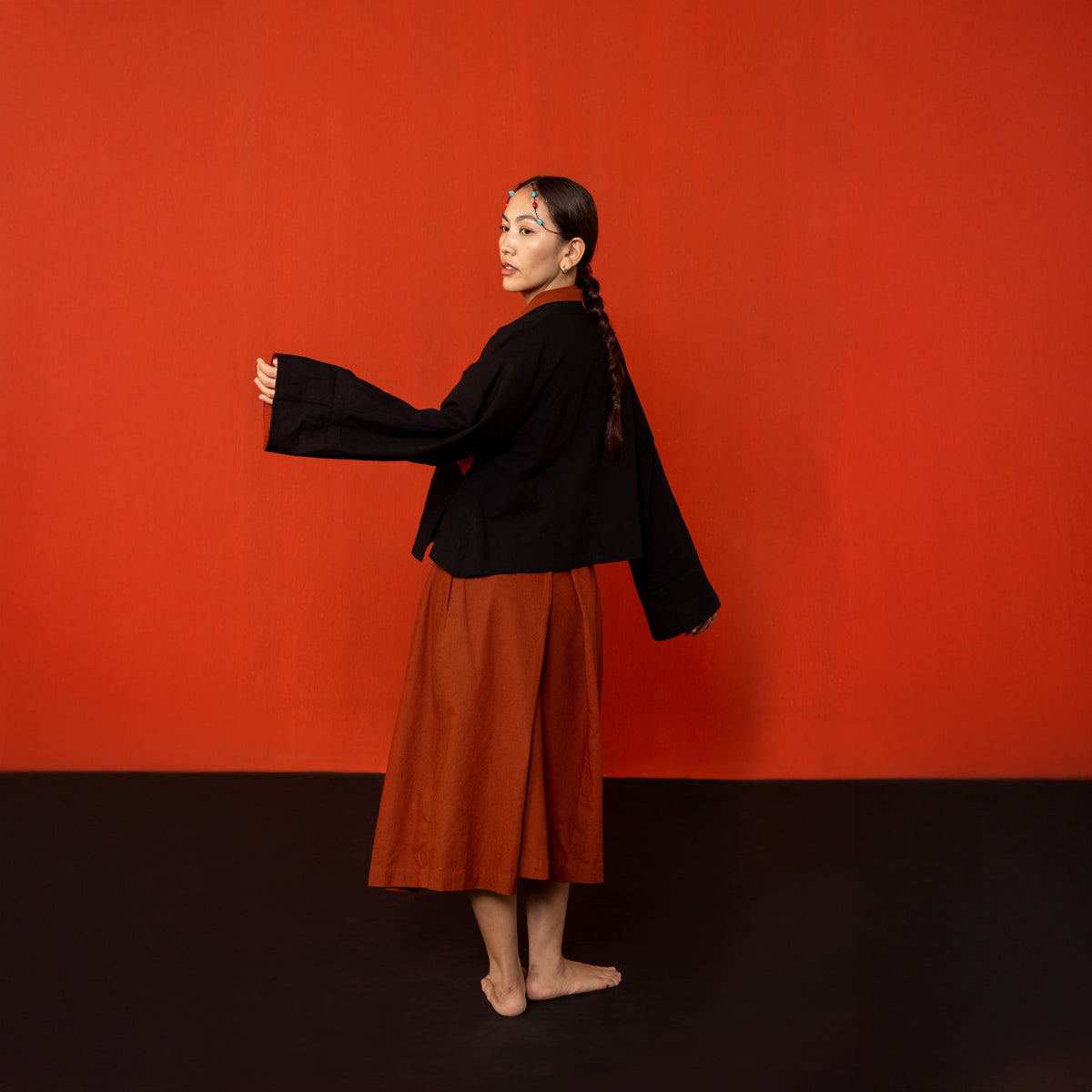 Brick Red Cotton Padma Pleated Chuba Skirt