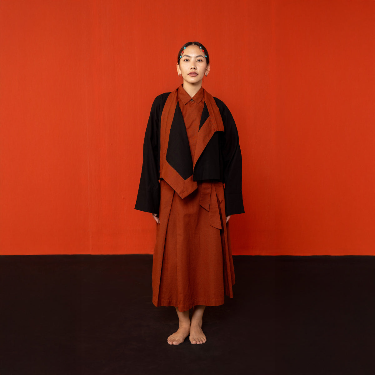 Black/Brick Red Reywa Tibetan Wrap Top