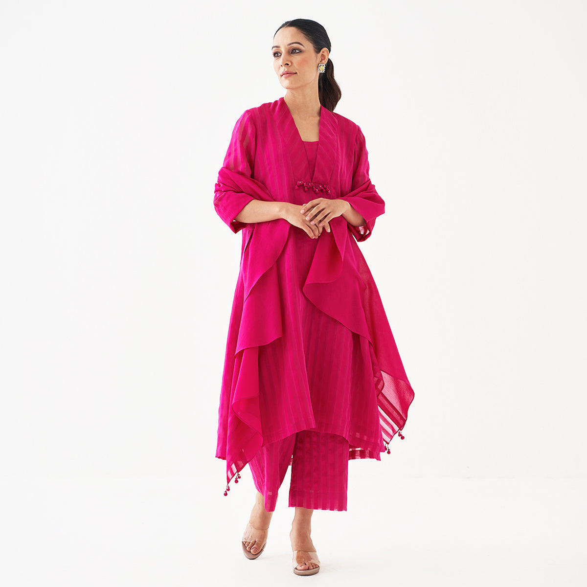 Handwoven Silk Chanderi Set With Waterfall Scarf | Rani Pink