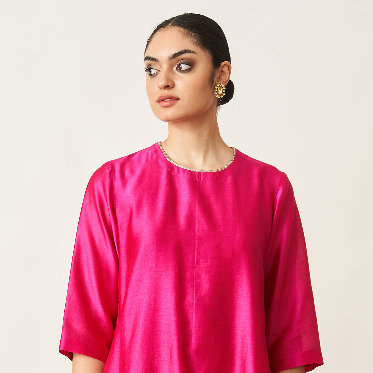 Handwoven Silk Chanderi Set with Handwork| Rani Pink