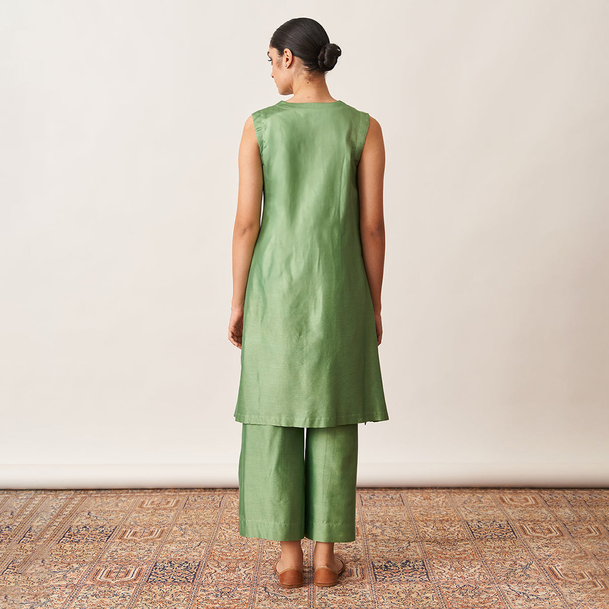 Handwoven Silk Chanderi Ensemble | Pista Green