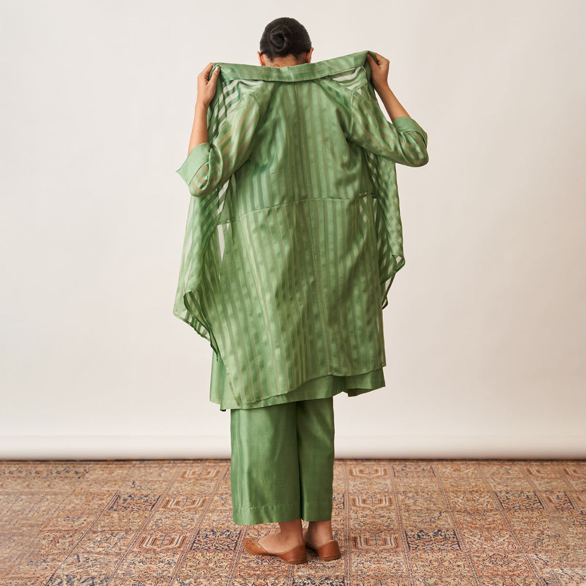 Handwoven Silk Chanderi Ensemble | Pista Green