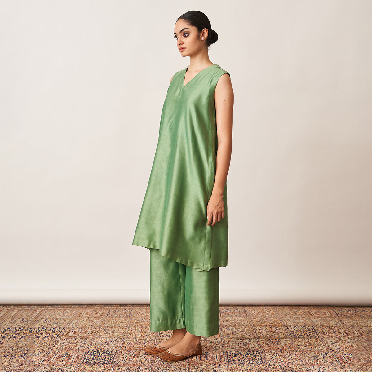 Handwoven Silk Chanderi Ensemble | Pista Green