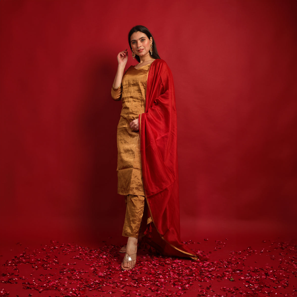 Straight Kurta & Pants Set in Gold Zari with Deep Red Chanderi Dupatta- Hand Loom