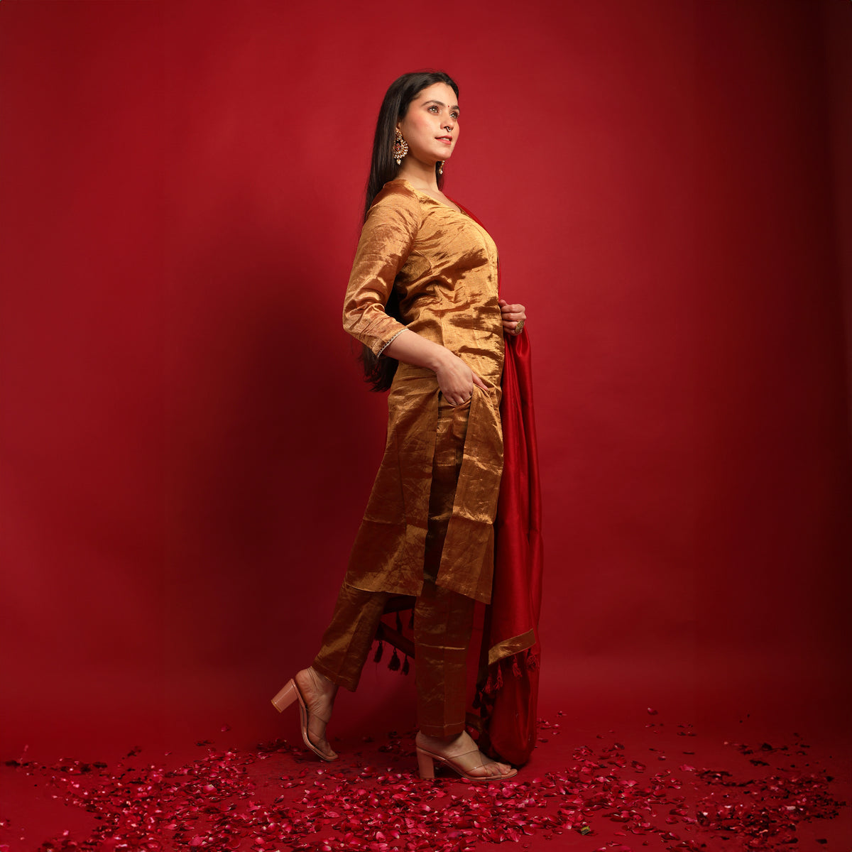 Straight Kurta & Pants Set in Gold Zari with Deep Red Chanderi Dupatta- Hand Loom