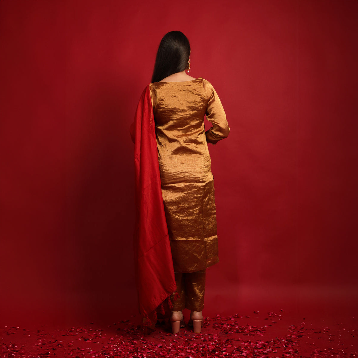 Straight Kurta & Pants Set in Gold Zari with Deep Red Chanderi Dupatta- Hand Loom