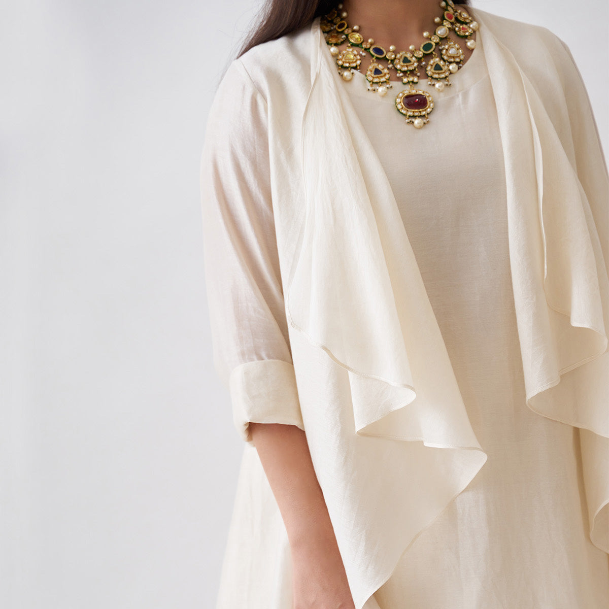 Handwoven Silk Chanderi Waterfall Jacket Ensemble | Off-White