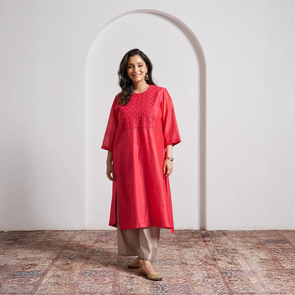 Watermelon Red Silk Chanderi Kurta with Handwork