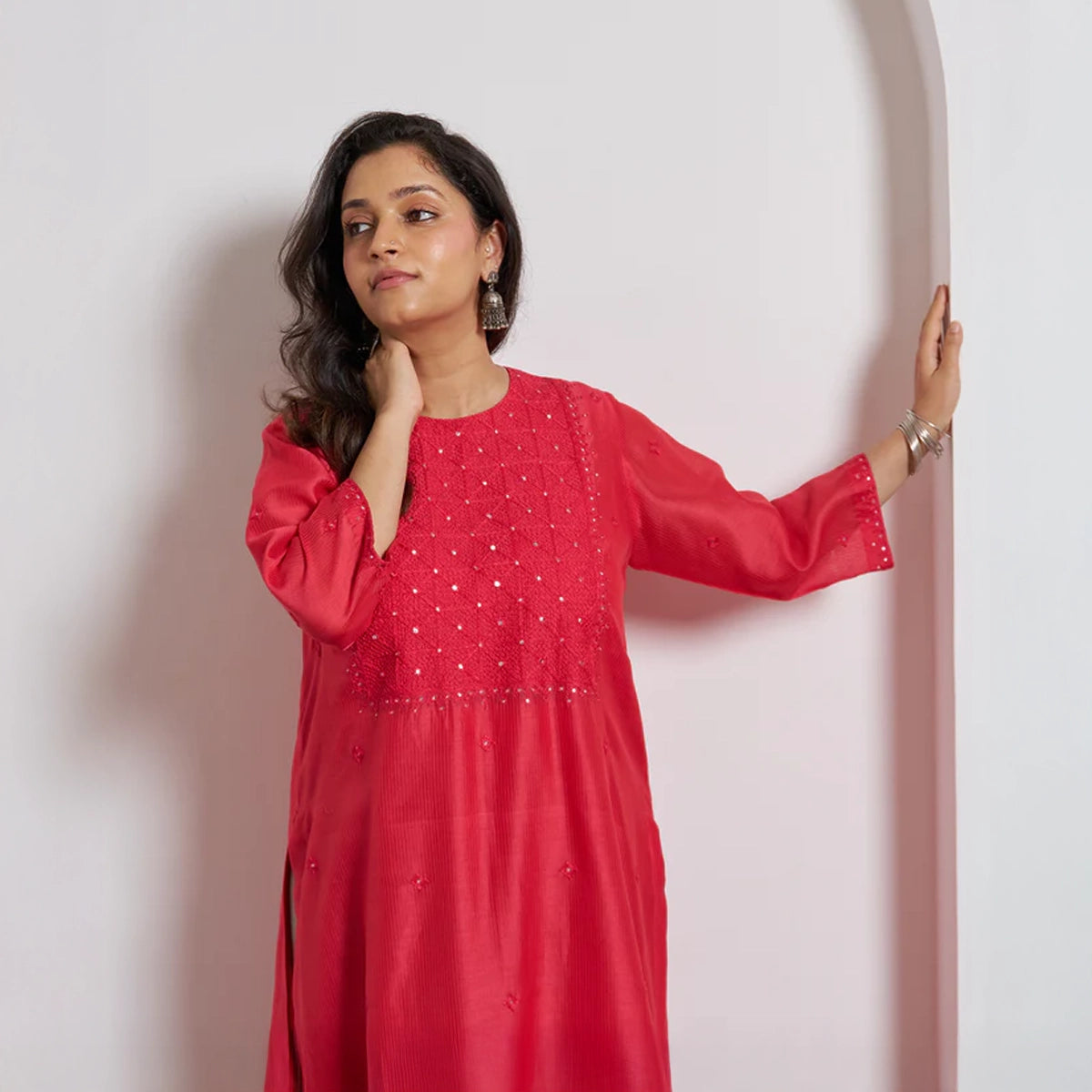 Watermelon Red Silk Chanderi Kurta with Handwork